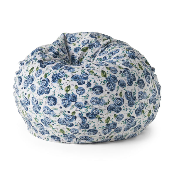 English Elm Spring Navy Multi 3ft Rounded Bean Bag Chair, Blue Rose Print — Removable Washable Foam-Filled Comfort B181P163035