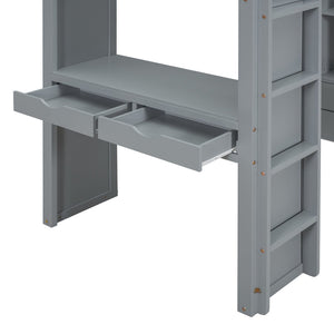 English Elm Full Size Loft Bed with Built-in Desk Shelves Led Lighting and Drawer Storage LT000367AAE