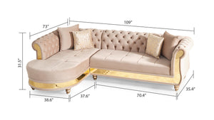 English Elm Gold Taupe Velvet Tufted L-Shaped Sectional Sofa with Quilted Seats, Gold Trim & 4 Accent Pillows B009S01326