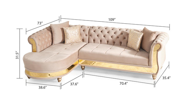 English Elm Gold Taupe Velvet Tufted L-Shaped Sectional Sofa with Quilted Seats, Gold Trim & 4 Accent Pillows B009S01326