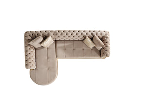 English Elm Gold Taupe Velvet Tufted L-Shaped Sectional Sofa with Quilted Seats, Gold Trim & 4 Accent Pillows B009S01326
