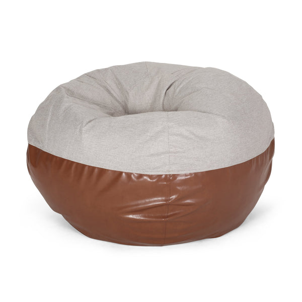 English Elm Maxi Rounded 5-Foot Faux Leather & Fabric Bean Bag Chair with Removable Washable Cover, Cozy Foam Filled Light Grey+Brown B181P163045