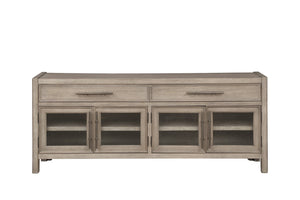 English Elm 65 inch TV Stand Console White Oak Finish — Fully Assembled, Seeded Glass Doors, Rubbed Bronze Hardware, Ample Storage, Fits TVs to 75" B108P163862