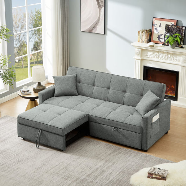 English Elm 3 Convertible Sleeper Sofa Bed with Pull-Out Chaise, Storage Armrests & Pockets, Compact Loveseat Couch DARK GREY W2318P265840