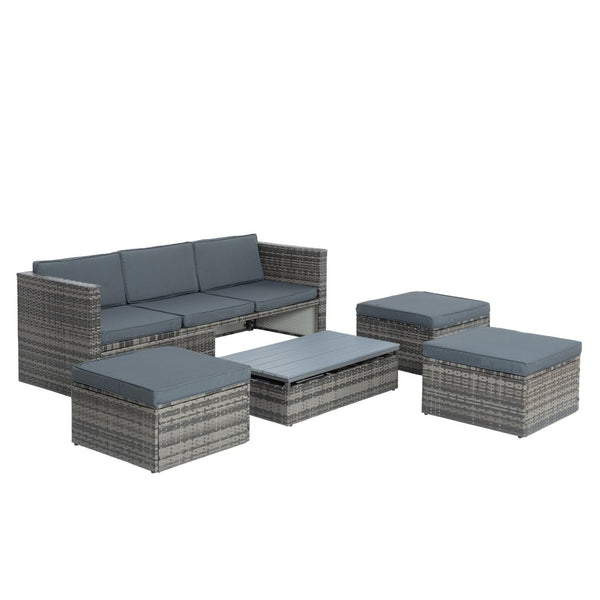 English Elm Patio 5-Piece Outdoor Wicker Furniture Set With Lift-Top Coffee Table & Comfortable Lounger Sofa W1703S00015-GIGA