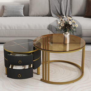 English Elm Φ27.5'' & Φ19.6'' Stackable Coffee Table With 2 Drawers, Nesting Tables With Brown Tempered Glass and High Gloss Marble Tabletop, Set Of 2, Round Center Table For Living Room, Black