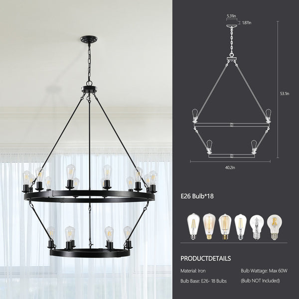 English Elm (NEW Retro 2-Tier Ironwork Chandelier 53" High x 40" Wide Industrial Exposed Bulb Fixture, 18-Lamp W1340P155440