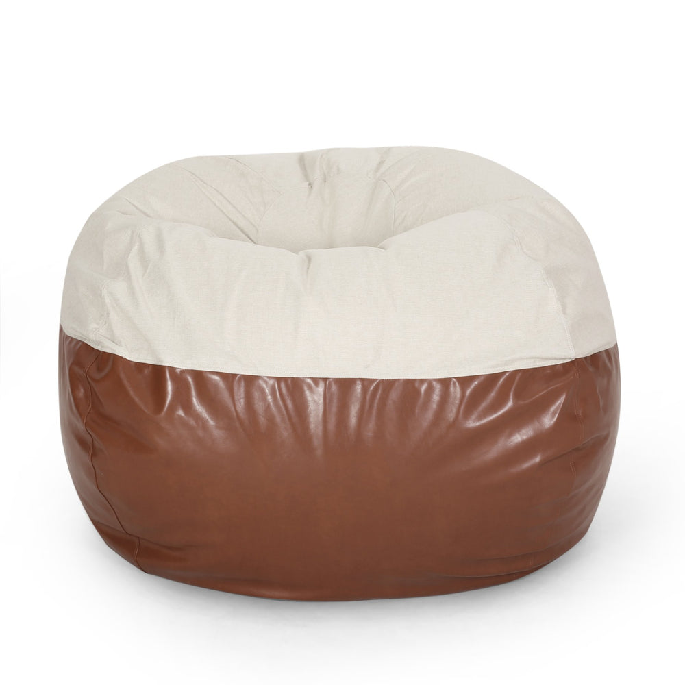 English Elm Maxi Rounded 5-Foot Faux Leather & Fabric Bean Bag Chair with Removable Washable Cover, Cozy Foam Filled Brown+Beige B181P163028