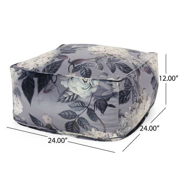 English Elm Hazel Velvet Large Square Pouf Ottoman with Floral Print — Versatile Floor Cushion, 200lb Capacity Gray+ Flower B181P162887