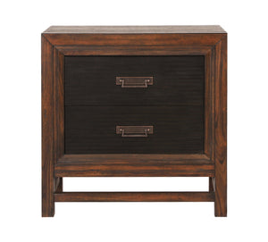English Elm Two-Drawer Nightstand Rustic Buckeye & Black Finish with Felt-Lined Drawer, Antique Brass Hardware, Fully Assembled and Phone Charging Ready B108P163825