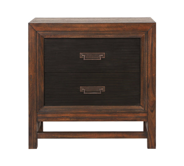 English Elm Two-Drawer Nightstand Rustic Buckeye & Black Finish with Felt-Lined Drawer, Antique Brass Hardware, Fully Assembled and Phone Charging Ready B108P163825