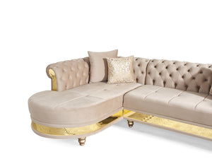 English Elm Gold Taupe Velvet Tufted L-Shaped Sectional Sofa with Quilted Seats, Gold Trim & 4 Accent Pillows B009S01326