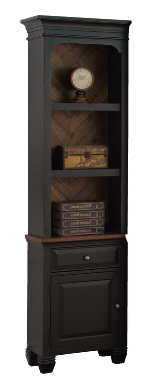 English Elm Left Left Bookshelf Pier Cabinet in Heirloom Black — Fully Assembled, Antique Bronze Accents, Storage Blend B108P163860