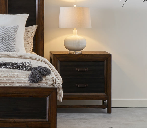 English Elm Two-Drawer Nightstand Rustic Buckeye & Black Finish with Felt-Lined Drawer, Antique Brass Hardware, Fully Assembled and Phone Charging Ready B108P163825