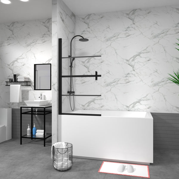 English Elm Goodyo Bathtub Screen Panel 180° Pivot Black Shower Door with Heavy-Duty Zinc Handles & Leakproof Seals D16393760