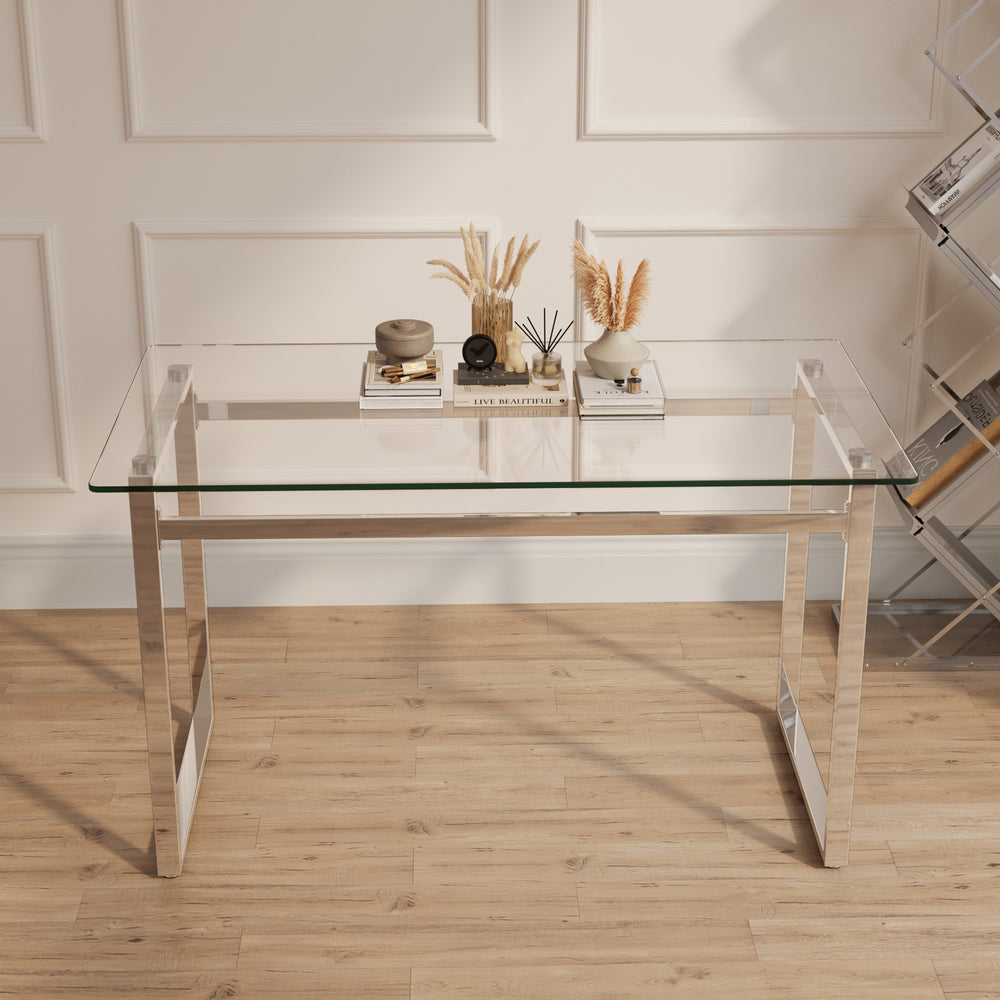 English Elm 51" Modern Minimalist Rectangular Glass Dining Table For 4-6 With Chrome Legs – Stylish & Versatile W2189133704