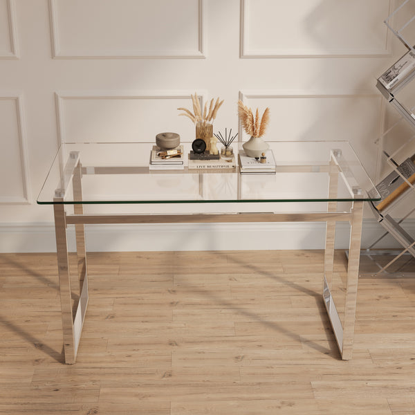 English Elm 51" Modern Minimalist Rectangular Glass Dining Table For 4-6 With Chrome Legs – Stylish & Versatile W2189133704