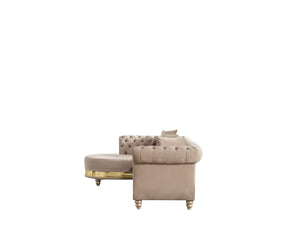 English Elm Gold Taupe Velvet Tufted L-Shaped Sectional Sofa with Quilted Seats, Gold Trim & 4 Accent Pillows B009S01326