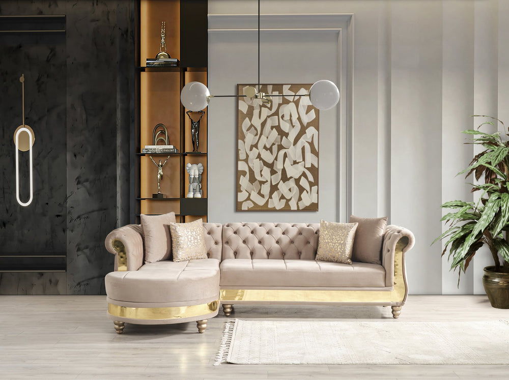 English Elm Gold Taupe Velvet Tufted L-Shaped Sectional Sofa with Quilted Seats, Gold Trim & 4 Accent Pillows B009S01326