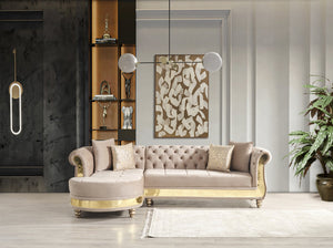 English Elm Gold Taupe Velvet Tufted L-Shaped Sectional Sofa with Quilted Seats, Gold Trim & 4 Accent Pillows B009S01326