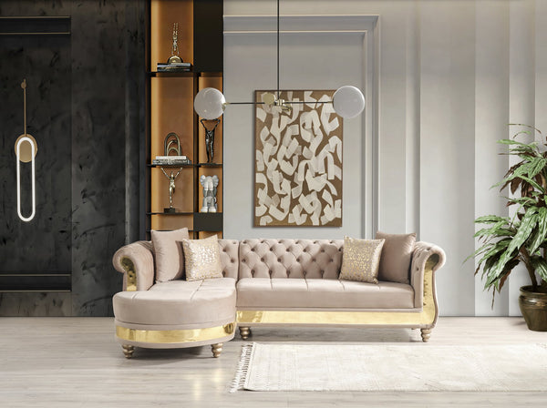 English Elm Gold Taupe Velvet Tufted L-Shaped Sectional Sofa with Quilted Seats, Gold Trim & 4 Accent Pillows B009S01326