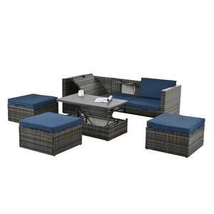 English Elm Patio 5-Piece Outdoor Furniture Set With Pe Wicker, Lift-Top Coffee Table & Lounger Sofa For Relaxing W1703S00016-GIGA