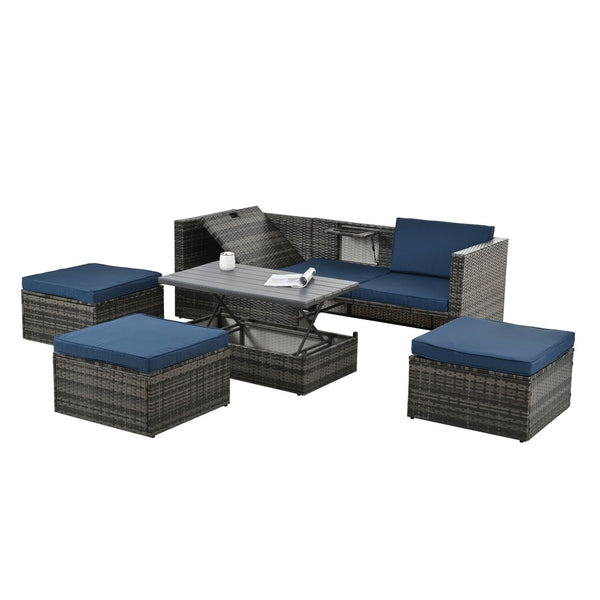 English Elm Patio 5-Piece Outdoor Furniture Set With Pe Wicker, Lift-Top Coffee Table & Lounger Sofa For Relaxing W1703S00016-GIGA