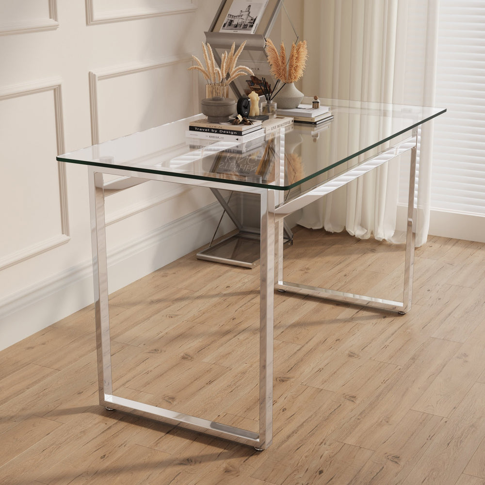 English Elm 51" Modern Minimalist Rectangular Glass Dining Table For 4-6 With Chrome Legs – Stylish & Versatile W2189133704