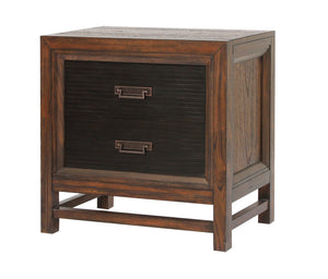 English Elm Two-Drawer Nightstand Rustic Buckeye & Black Finish with Felt-Lined Drawer, Antique Brass Hardware, Fully Assembled and Phone Charging Ready B108P163825
