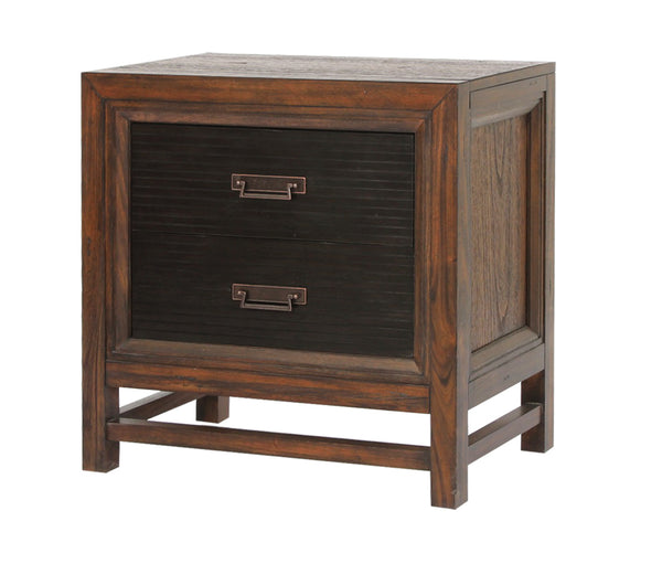 English Elm Two-Drawer Nightstand Rustic Buckeye & Black Finish with Felt-Lined Drawer, Antique Brass Hardware, Fully Assembled and Phone Charging Ready B108P163825