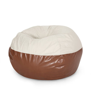 English Elm Maxi Rounded 5-Foot Faux Leather & Fabric Bean Bag Chair with Removable Washable Cover, Cozy Foam Filled Brown+Beige B181P163028
