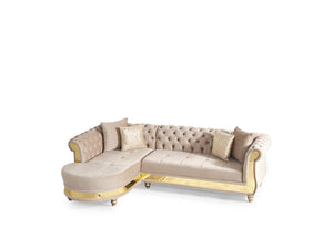 English Elm Gold Taupe Velvet Tufted L-Shaped Sectional Sofa with Quilted Seats, Gold Trim & 4 Accent Pillows B009S01326