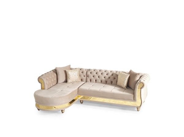 English Elm Gold Taupe Velvet Tufted L-Shaped Sectional Sofa with Quilted Seats, Gold Trim & 4 Accent Pillows B009S01326