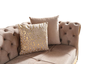 English Elm Gold Taupe Velvet Tufted L-Shaped Sectional Sofa with Quilted Seats, Gold Trim & 4 Accent Pillows B009S01326