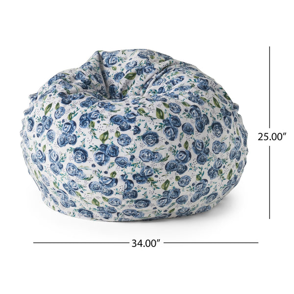 English Elm Spring Navy Multi 3ft Rounded Bean Bag Chair, Blue Rose Print — Removable Washable Foam-Filled Comfort B181P163035