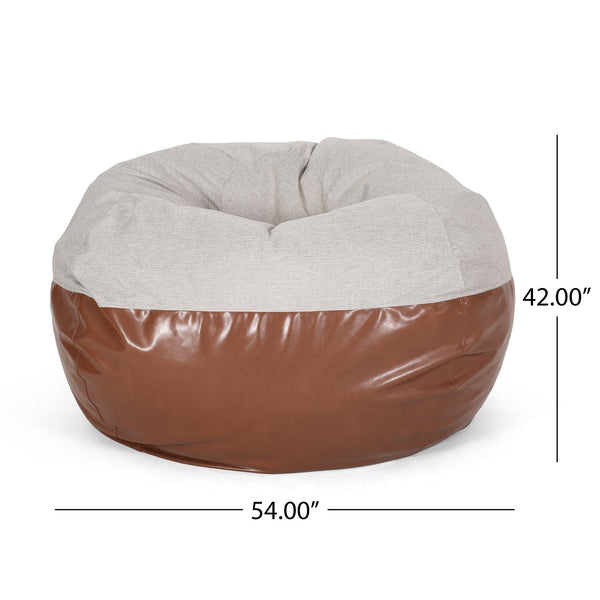 English Elm Maxi Rounded 5-Foot Faux Leather & Fabric Bean Bag Chair with Removable Washable Cover, Cozy Foam Filled Light Grey+Brown B181P163045