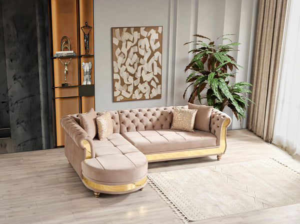 English Elm Gold Taupe Velvet Tufted L-Shaped Sectional Sofa with Quilted Seats, Gold Trim & 4 Accent Pillows B009S01326