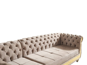 English Elm Gold Taupe Velvet Tufted L-Shaped Sectional Sofa with Quilted Seats, Gold Trim & 4 Accent Pillows B009S01326