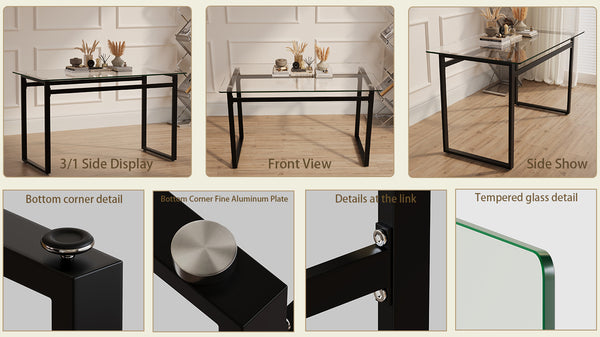 English Elm 51" Minimalist Glass Dining Table for 4-6 — 8mm Tempered Top, Black Chrome Legs, Sleek Modern Desk╝ W2189138541