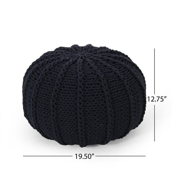English Elm Bordeaux Knitted Cotton Round Pouf - Cozy Dark Blue Accent For Extra Seating & Stylish Decor B181P162898