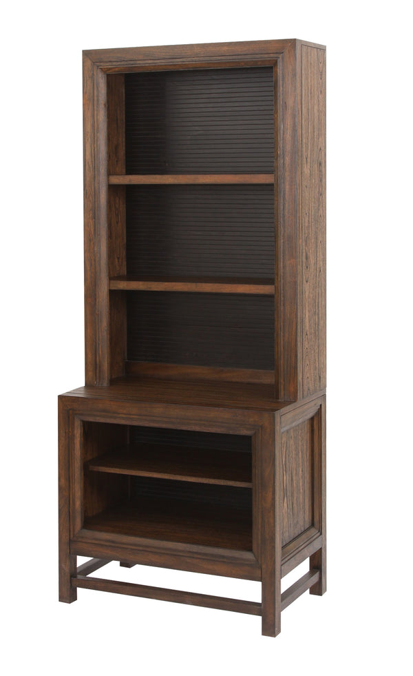 English Elm Bookcase Rustic Buckeye & Black Two-Tone Pier, 3 Shelves, Shutter Slat Details, Fully Assembled B108P163819