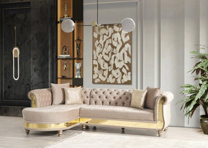 English Elm Gold Taupe Velvet Tufted L-Shaped Sectional Sofa with Quilted Seats, Gold Trim & 4 Accent Pillows B009S01326