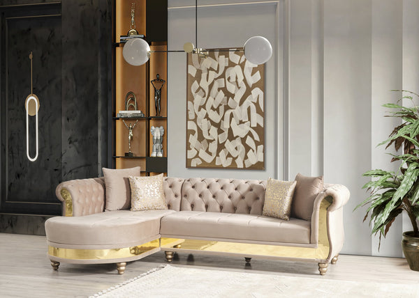 English Elm Gold Taupe Velvet Tufted L-Shaped Sectional Sofa with Quilted Seats, Gold Trim & 4 Accent Pillows B009S01326