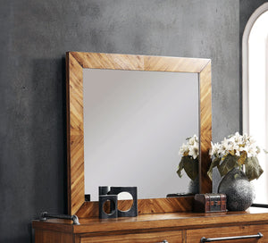 English Elm Mirror, 46" Chestnut Sunburst Wall Mirror — Fully Assembled Hardwood Veneer, Modern Entry Décor B108P163871