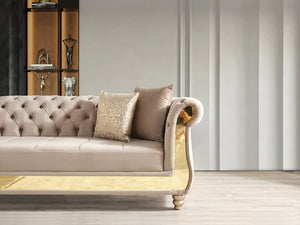 English Elm Gold Taupe Velvet Tufted L-Shaped Sectional Sofa with Quilted Seats, Gold Trim & 4 Accent Pillows B009S01326