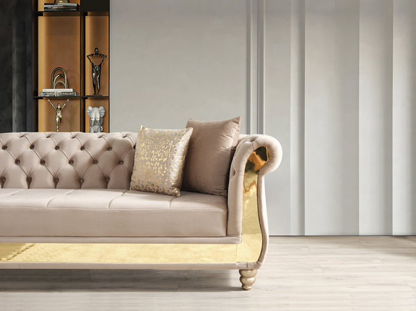English Elm Gold Taupe Velvet Tufted L-Shaped Sectional Sofa with Quilted Seats, Gold Trim & 4 Accent Pillows B009S01326