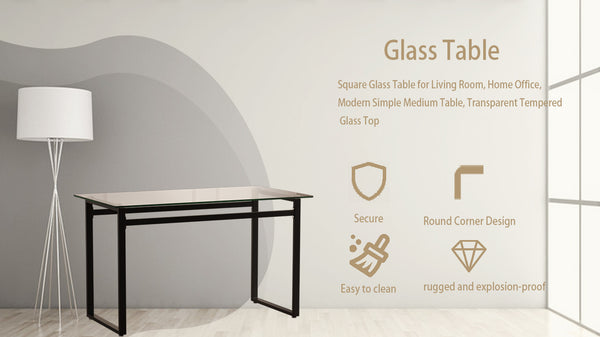 English Elm 51" Minimalist Glass Dining Table for 4-6 — 8mm Tempered Top, Black Chrome Legs, Sleek Modern Desk╝ W2189138541