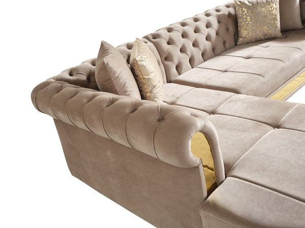 English Elm Gold Taupe Velvet Tufted L-Shaped Sectional Sofa with Quilted Seats, Gold Trim & 4 Accent Pillows B009S01326