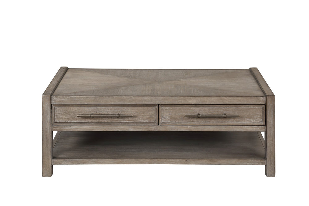 English Elm 50 50 Inch Coffee Table White Oak Finish Fully Assembled Oversized Rubbed Bronze Hardware Drawers Shelf B108P163864