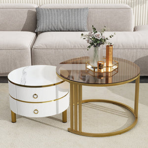 English Elm Φ27.5'' & Φ19.6'' Stackable Coffee Table With 2 Drawers, Nesting Tables With Brown Tempered Glass and High Gloss Marble Tabletop, Set Of 2, Round Center Table For Living Room, White